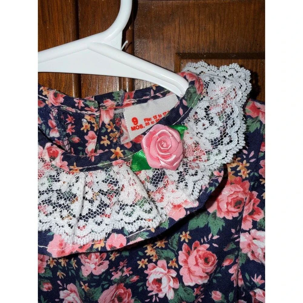 Vintage Winnie The Pooh Baby Girls Floral Romper Navy Pink Lace Collar 9 Months